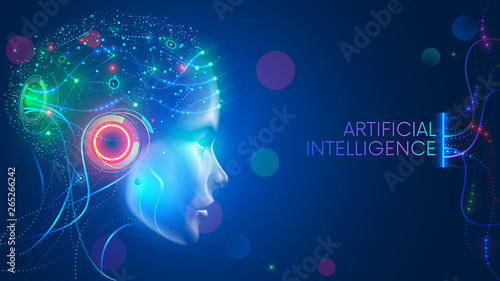Artificial intelligence in humanoid head with neural network thinks. AI with Digital Brain is learning processing big data, analysis information. Face of cyber mind. Technology background concept. photo