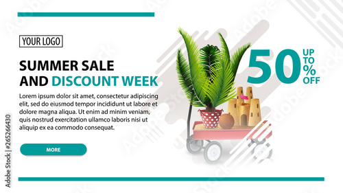 Summer sale and discount week, white web banner in modern style for your website with garden cart with sand, sand castle and potted palm