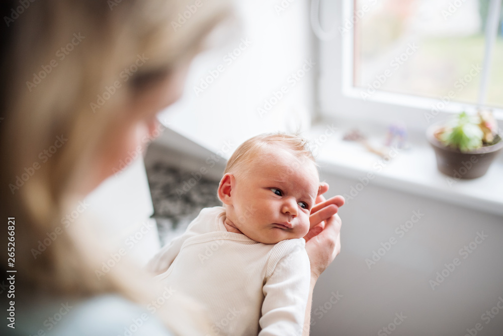 A midsection of mother with a newborn baby at home. A midsection of mother with a newborn baby at home.