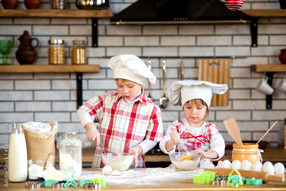 Children a boy and a girl prepare delicious gingerbread and cookies in the kitchen from flour and eggs Children a boy and a girl prepare delicious gingerbread and cookies in the kitchen from flour and eggs