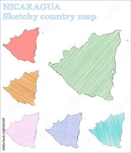 Nicaragua sketchy country map. Terrific hand-drawn country illustration in a trending childish style.