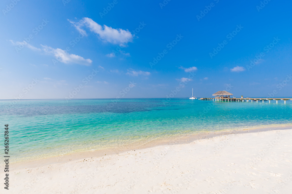 Peaceful beach scenery, simple Maldives island background concept