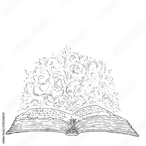 Open vintage book hand draw sketch card retro style art. Vector illustration isolated on white background