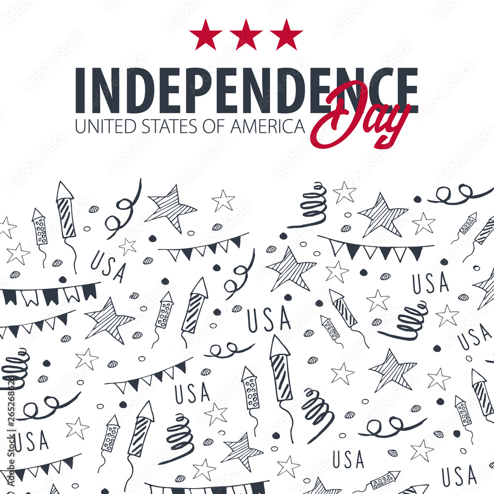 Obraz premium 4th of July. USA independence day celebration banner. Hand draw doodle background. Vector illustration.