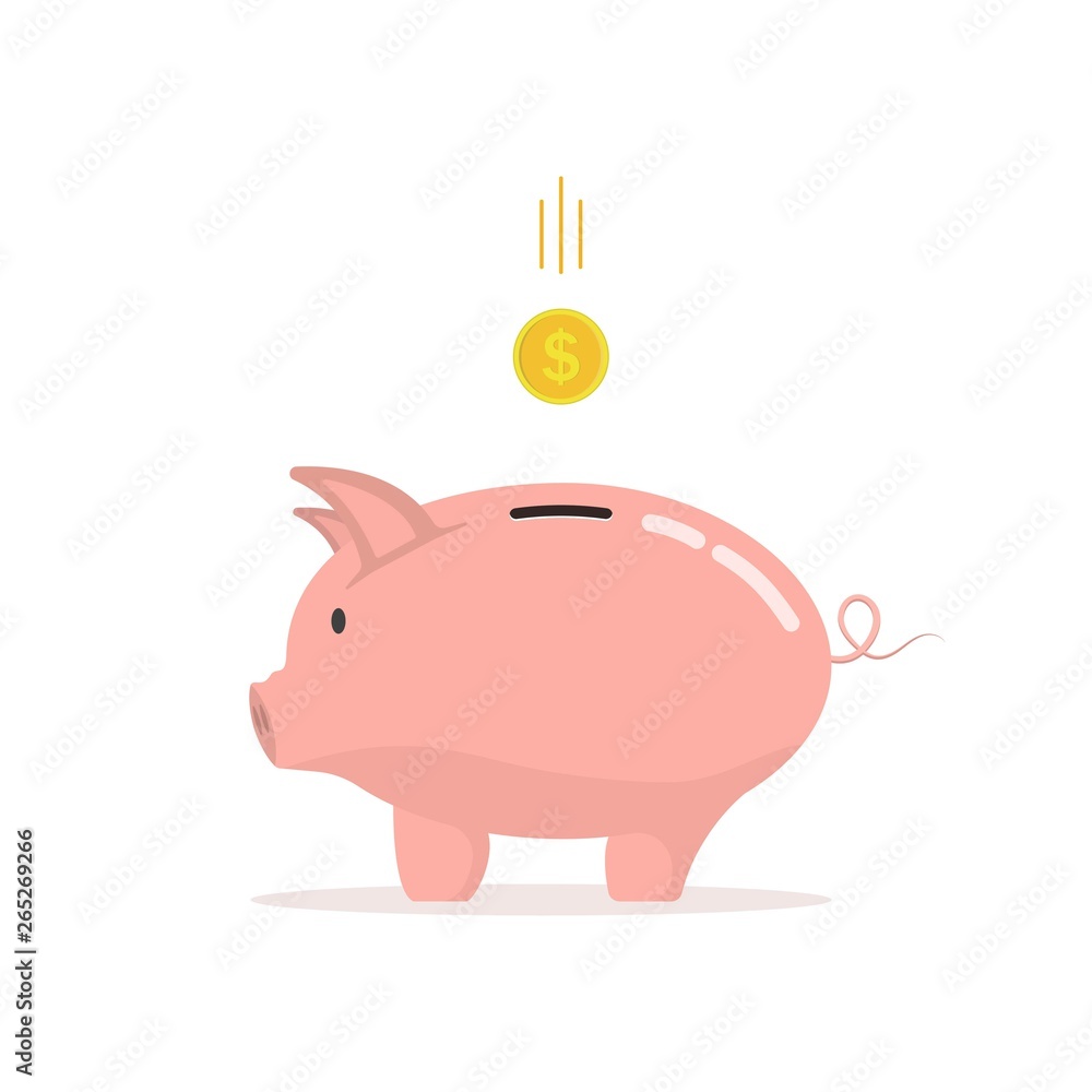 Obraz premium Piggy bank with falling coin. Template design for investment, open a bank deposit, keeping or saving money. Symbol of New Year 2019. Business and money concept.