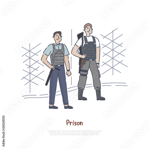 Prison guard with tools and equipment, officer on duty, armed soldier on border, jail wall, fence banner