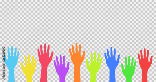Colorful up hands isolated on transparent background. Friendship or group therapy symbol. Template design for volunteers, celebration, birthday, dancing, joy, fun.