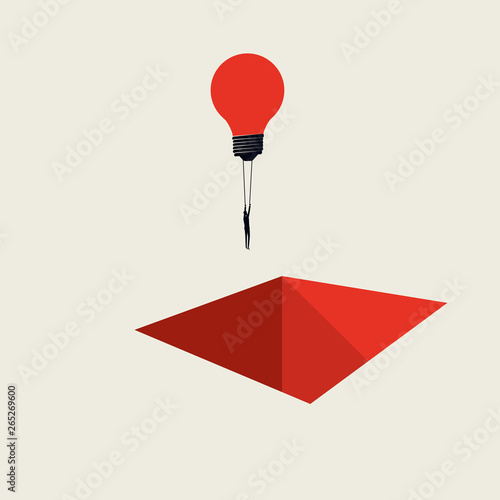 Business creative solution vector concept with businessman flying lightbulb over hole. Minimalista art style. Symbol of innovation, brainstorming, development, progress.