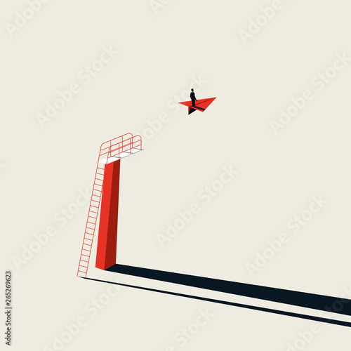 Business creative solution and vision vector concept with businessman flying on paper plane. Minimalist art style. Symbol of progress, vision, innovation.