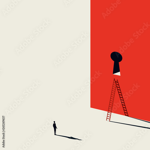Business creative solution vector concept with businessman and keyhole door with ladder. Minimalist art style. Symbol of opportunity, challenge, innovation, strategy and success.