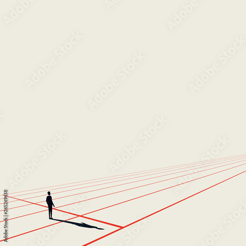 Business competition vector concept with businessman on starting line. Minimalist art style. Symbol of career beginning, challenge, strategy, plan, goals in future.