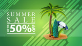 Summer sale, discount web banner for your site in a modern style with palm, coconuts, beach umbrella and surf Board