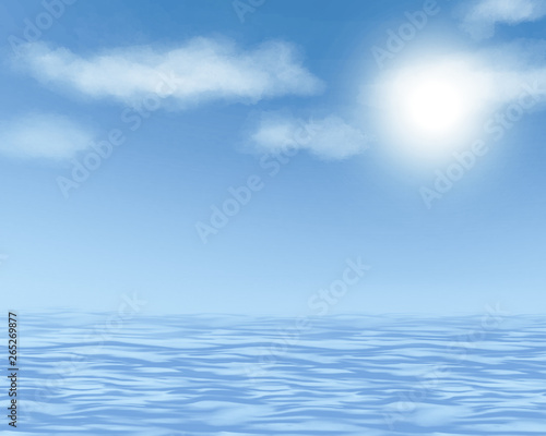illustration of concept sea or ocean calm water waves, sky cloudscape and sun.