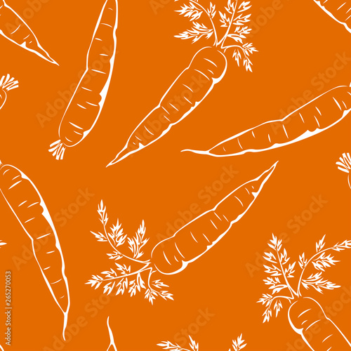 Carrot white outline on an orange background. Fresh vegetables seamless pattern. Vector monochrome illustration of food.