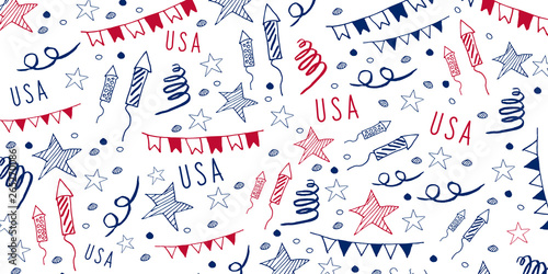 4th of July. USA independence day celebration banner. Hand draw doodle pattern. Vector illustration.