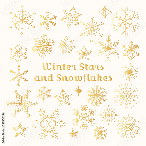 Hand drawn winter golden stars and snowflakes. Vector Christmas gold elements pattern for gift cards, invitations. 
