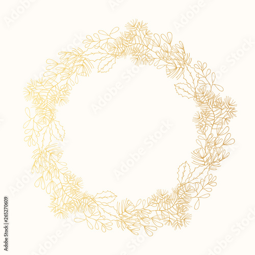 Hand drawn pine with cone, mistletoe and holly frame. Christmas holiday floral coniferous wreath for decoration. Vector isolated xmas design elements.