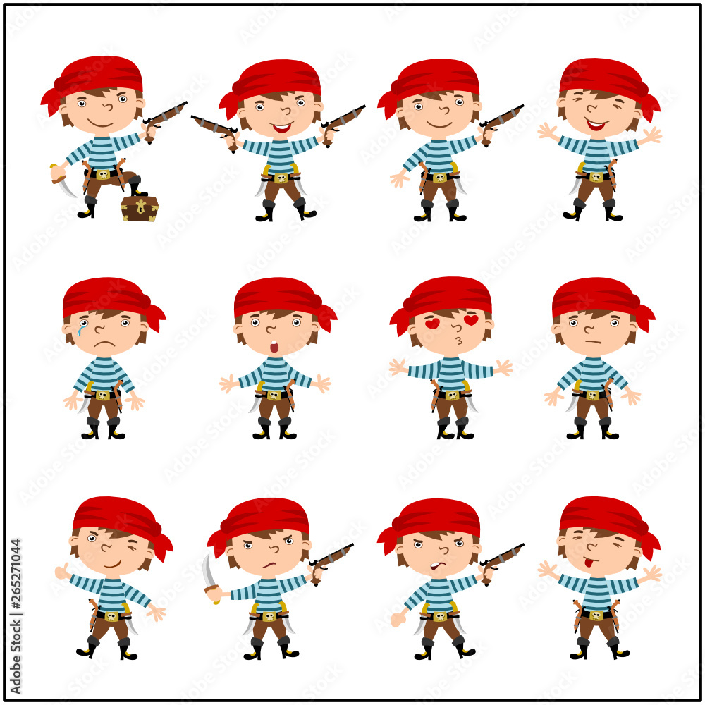 Collection of funny pirate in cartoon style in different poses and emotions isolated on white background