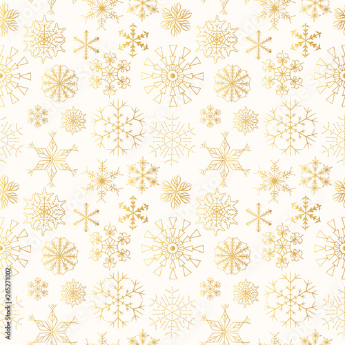 Hand drawn golden seamless pattern with festive snowflakes. Christmas decoration with glitter elements. Vector holiday foil gift wrapper. Fancy background. 