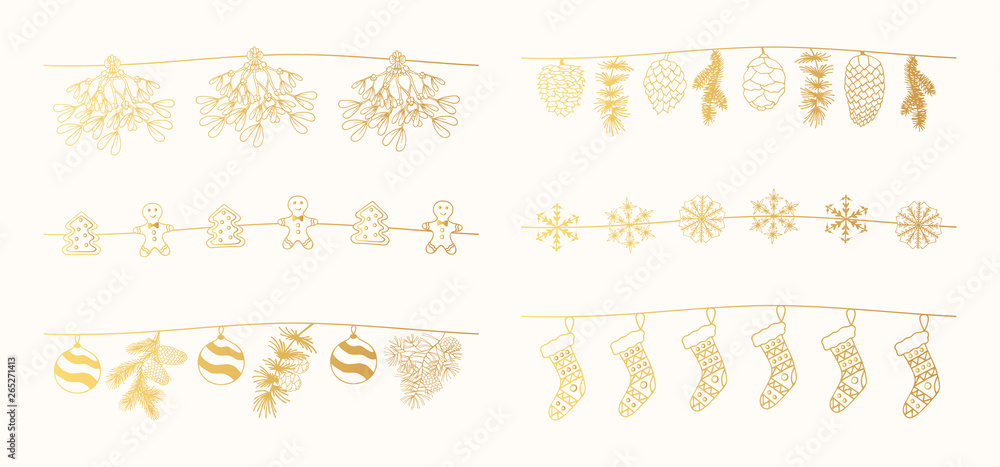 Set of hand drawn Christmas golden garlands with mistletoe, fir and pine branches. Festive snowflakes borders, gingerbread dividers. Set of hand drawn Christmas golden garlands with mistletoe, fir and pine branches. Festive snowflakes borders, gingerbread dividers.