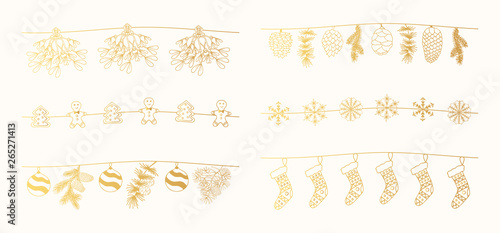 Set of hand drawn Christmas golden garlands with mistletoe, fir and pine branches. Festive snowflakes borders, gingerbread dividers.