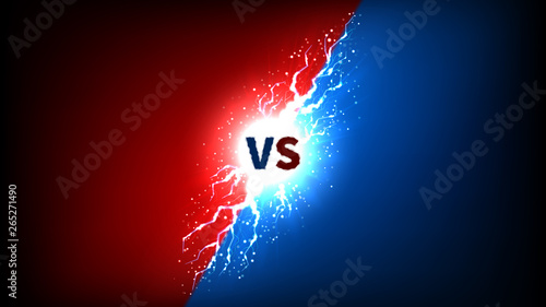 Versus label with lightning effect. Vector illustration with bright thunderstorms and shining lightnings. VS symbol on dark blue and red background.