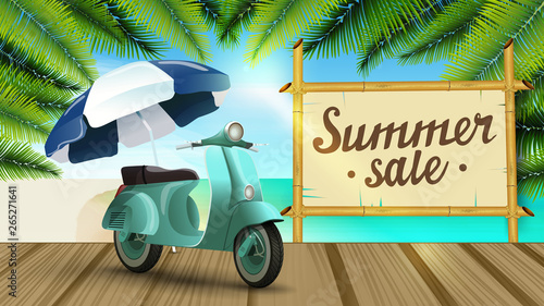 Summer sale, web banner with beautiful seascape, palm leaves, wooden pier and scooter with a beach umbrella