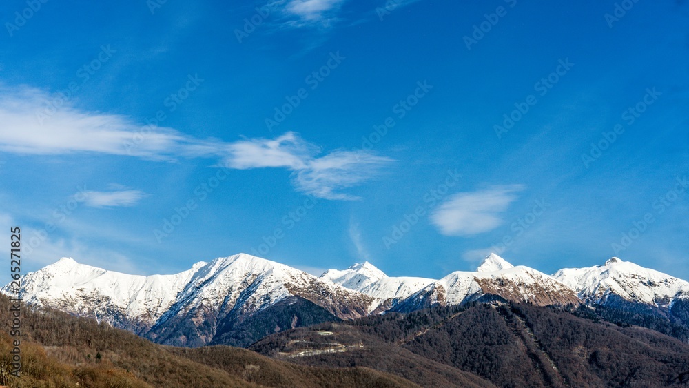 First snow. Autumn in the mountains of Krasnaya Polyana, Sochi, Russia.