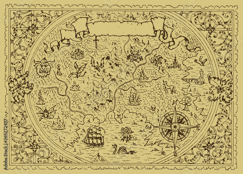 Vector fantasy map with baroque decorative frame and mythology creatures.