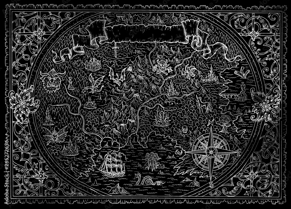Naklejka premium Fantasy atlas map with unknown land, compass, pirate ship, vignette banner on black.