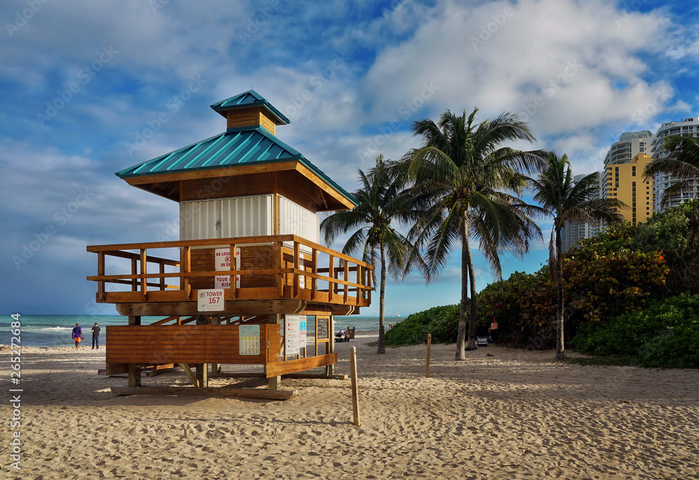 Strandhaus Miami Beach mit Palmen und Schwimmern
