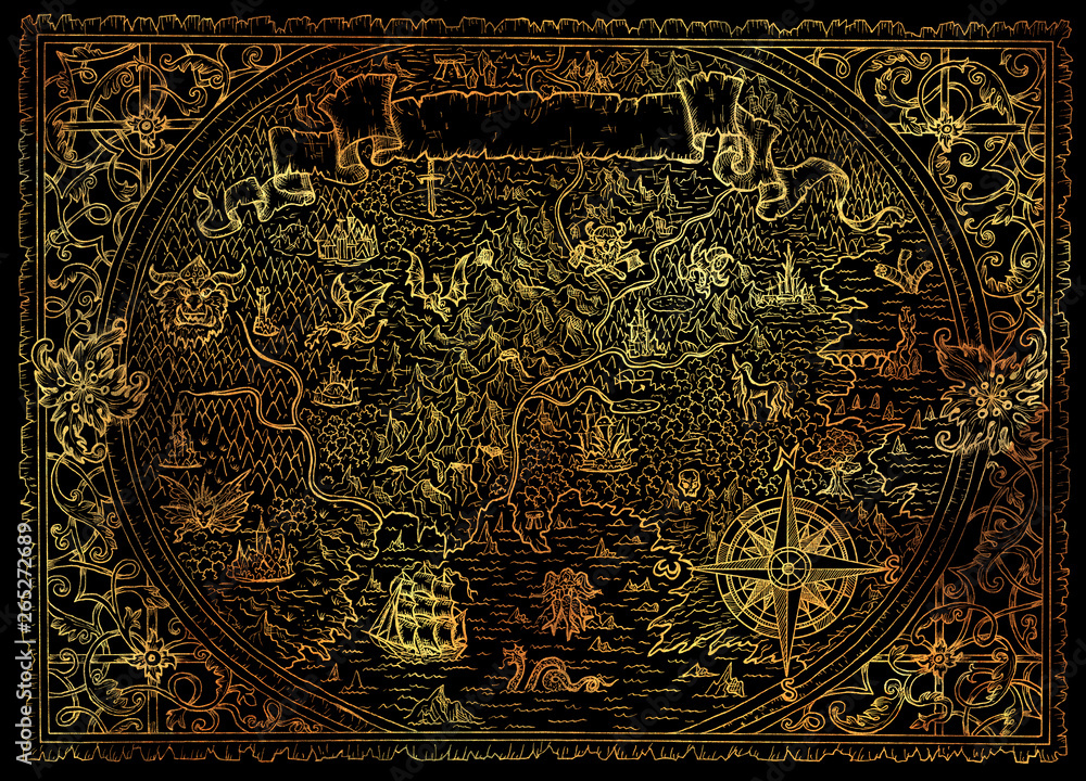 Naklejka premium Old fantasy map with vignette banner, sailboat, compass, victorian decorative patterns.