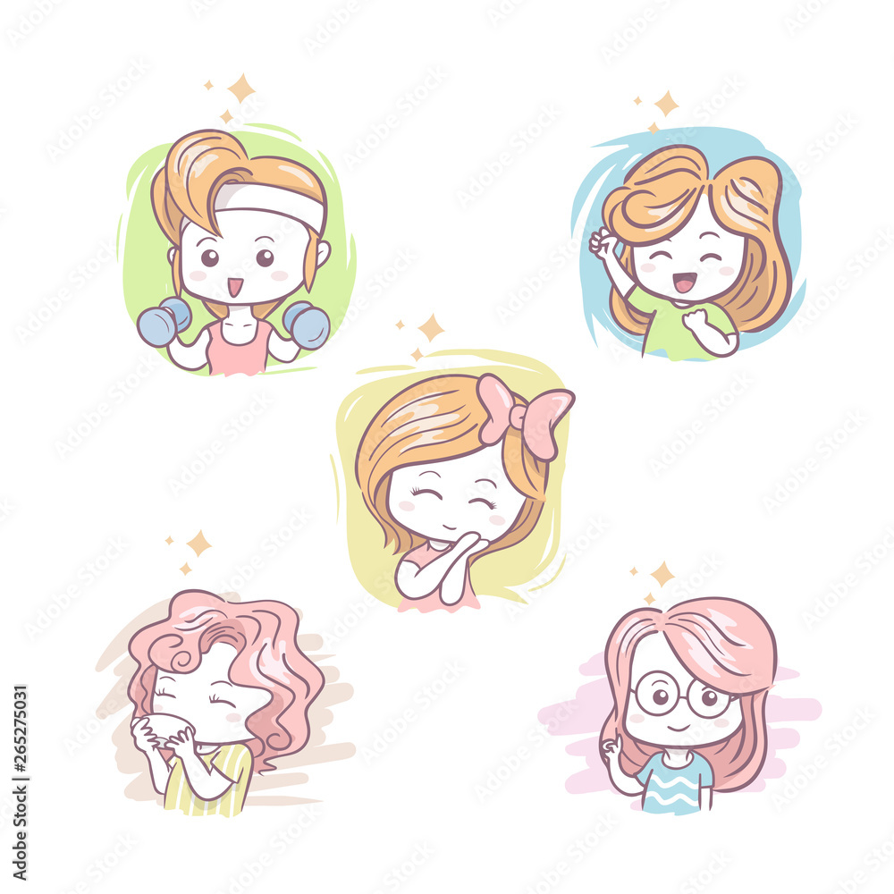 illustration of cute girl set