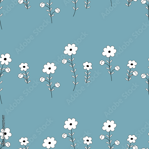Fototapeta Naklejka Na Ścianę i Meble -  Seamless pattern hand drawn floral ornaments for spring summer,Blossom flowers pattern in the blooming on blue background, Seamless vector texture for fashion prints, Various cute decorative flowers