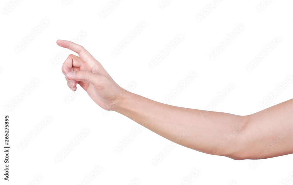 Man hand pointing and touch something isolated on white background for product advertising concept Man hand pointing and touch something isolated on white background for product advertising concept