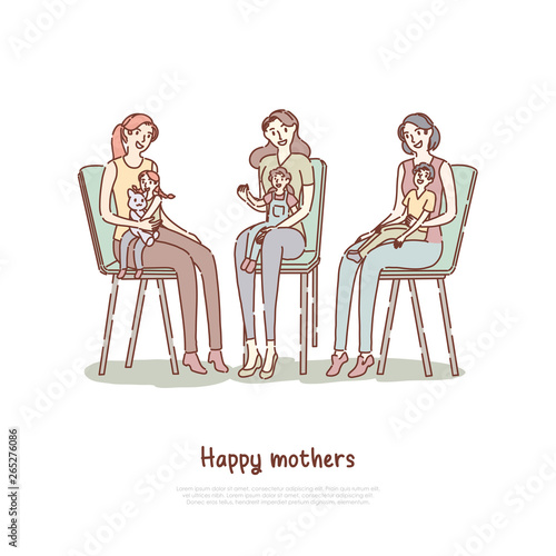 Motherhood, parenting classes, moms with kids at lesson, girlfriends with children together in cafe banner template