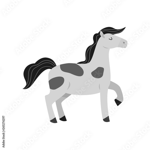 Grey horse with high head and black hair and stain