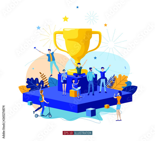 Trendy flat illustration. Best team ever concept. Goal achievement. Golden cup. Successful teamwork. Template for your design works. Vector graphics.