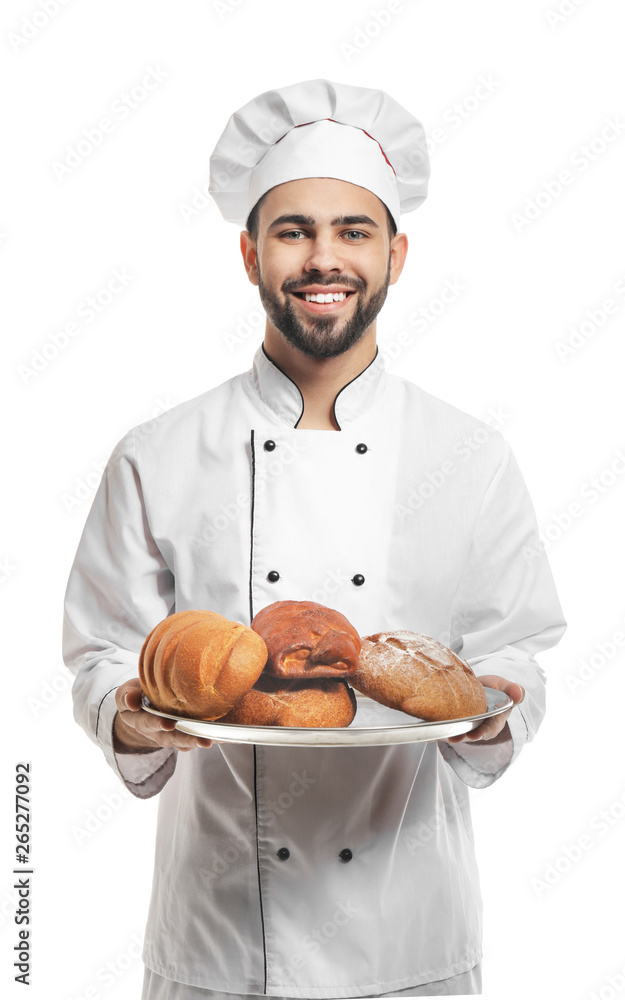 Chef with fresh bread on white background Chef with fresh bread on white background