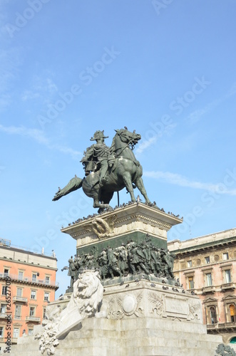 Big equestrian statue of Vittorio Emanuele II in Milan city
