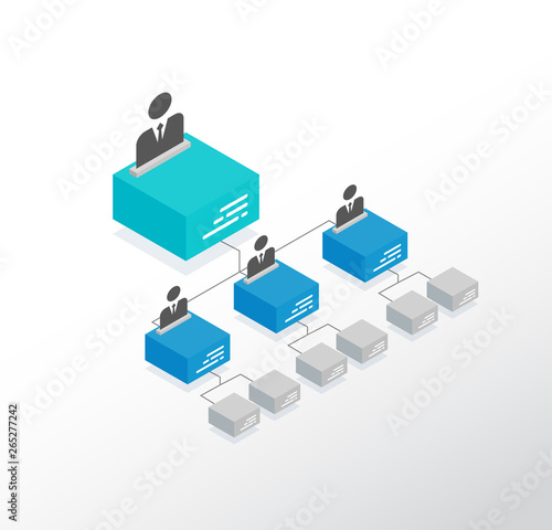 Isometric organization chart template with colorful 3D cubes and place for names and positions.
