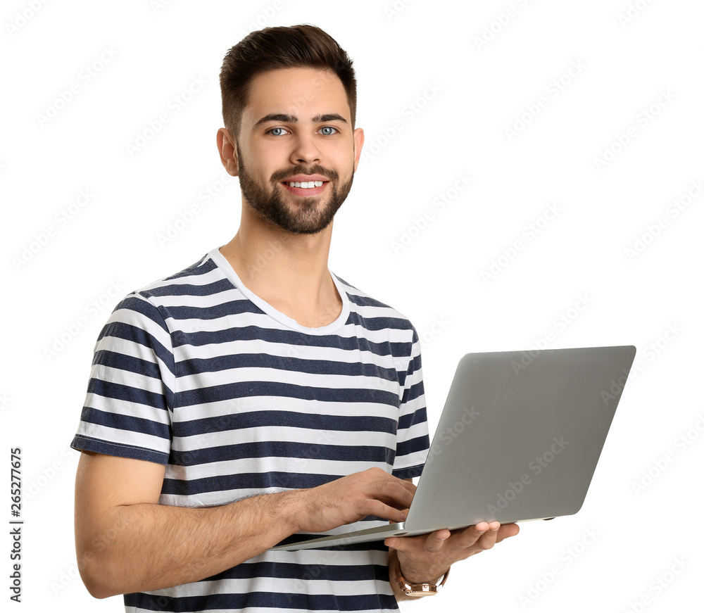 Male programmer with laptop on white background Male programmer with laptop on white background