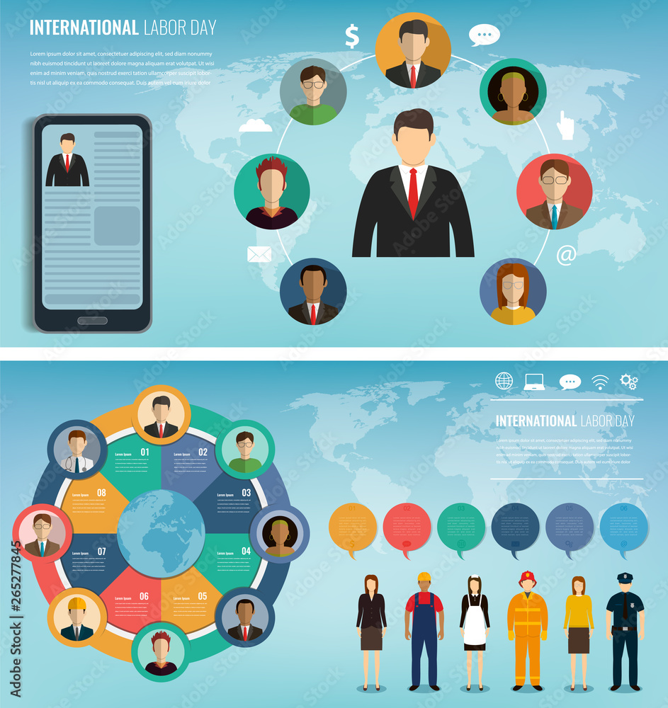 Two banners with people of different occupations. Professions icons set. Flat design. Vector Two banners with people of different occupations. Professions icons set. Flat design. Vector