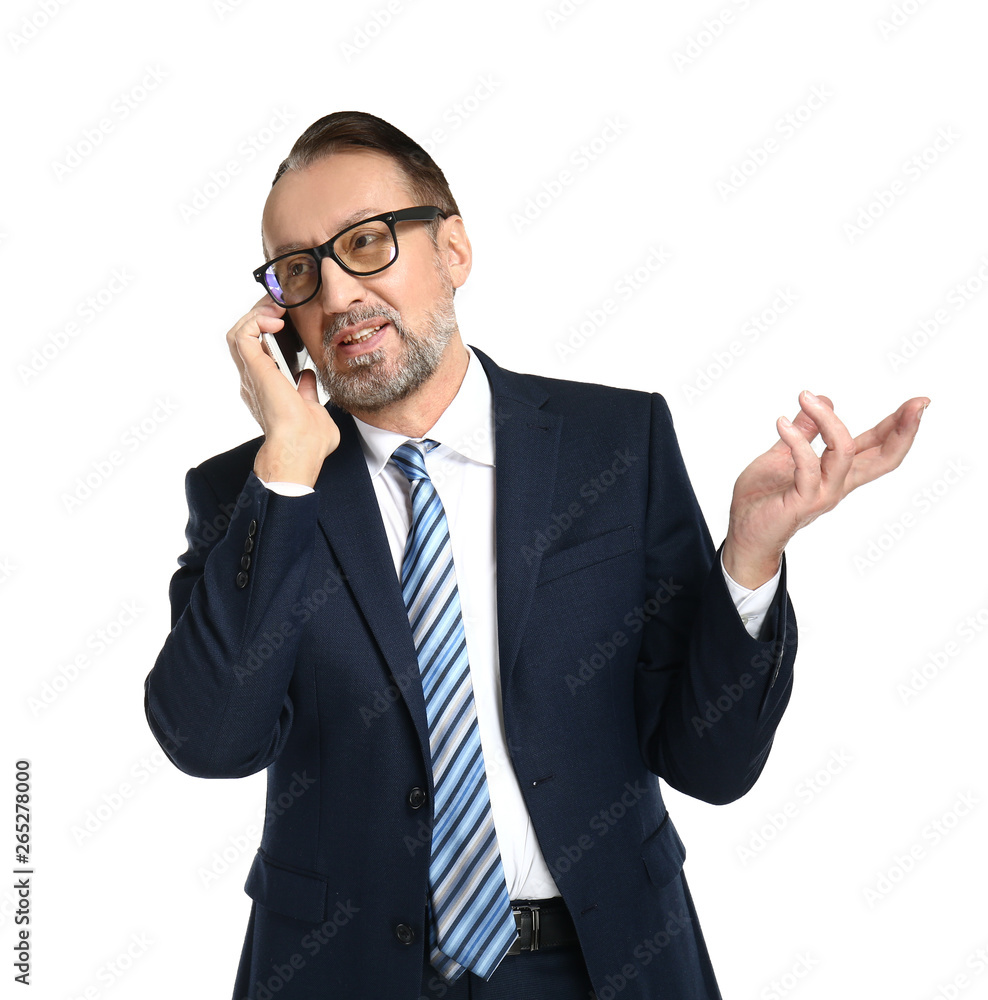 Portrait of handsome mature businessman talking by mobile phone on white background Portrait of handsome mature businessman talking by mobile phone on white background