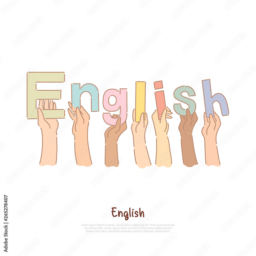 University students holding letters in hands, studying in United Kingdom, international language lessons banner University students holding letters in hands, studying in United Kingdom, international language lessons banner