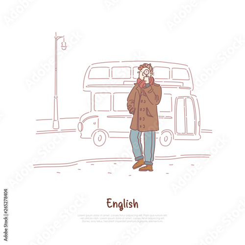 Young man in coat, detective holding magnifier, double decker bus, english culture exploration, travel to London banner