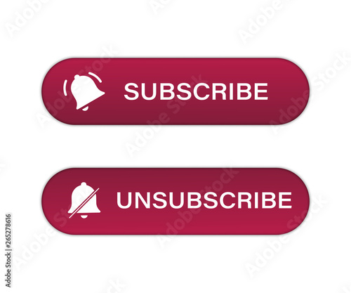 Subscribe and Unsubscribe Button Template with the notification bell. News subscribe button and channel. Red button sign in social media. Vector illustration