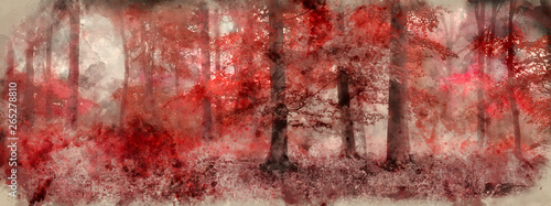 Akwarela malarstwo piękny surrealistyczny alternatywny kolor fantasy jesień jesień krajobraz lasu obraz koncepcyjny