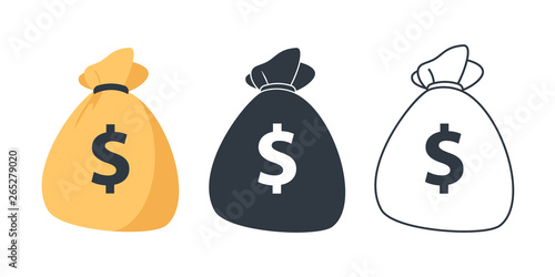 Set of Money bag icons. Line money bag icon , black and white sack, Flat Money bag Vector illustration