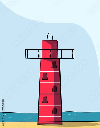 Red lighthouse on the background of the ocean and clouds